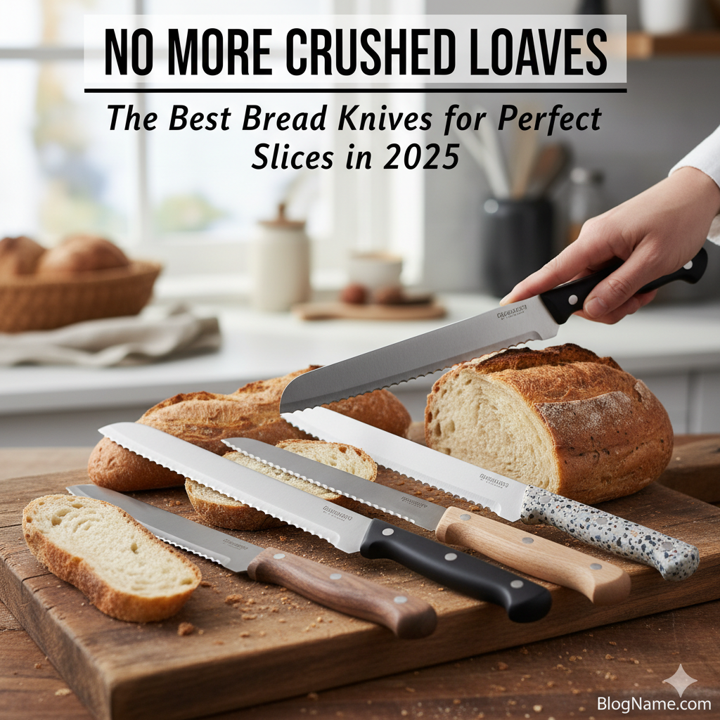 A perfectly sliced loaf of artisan sourdough bread next to a serrated bread knife.