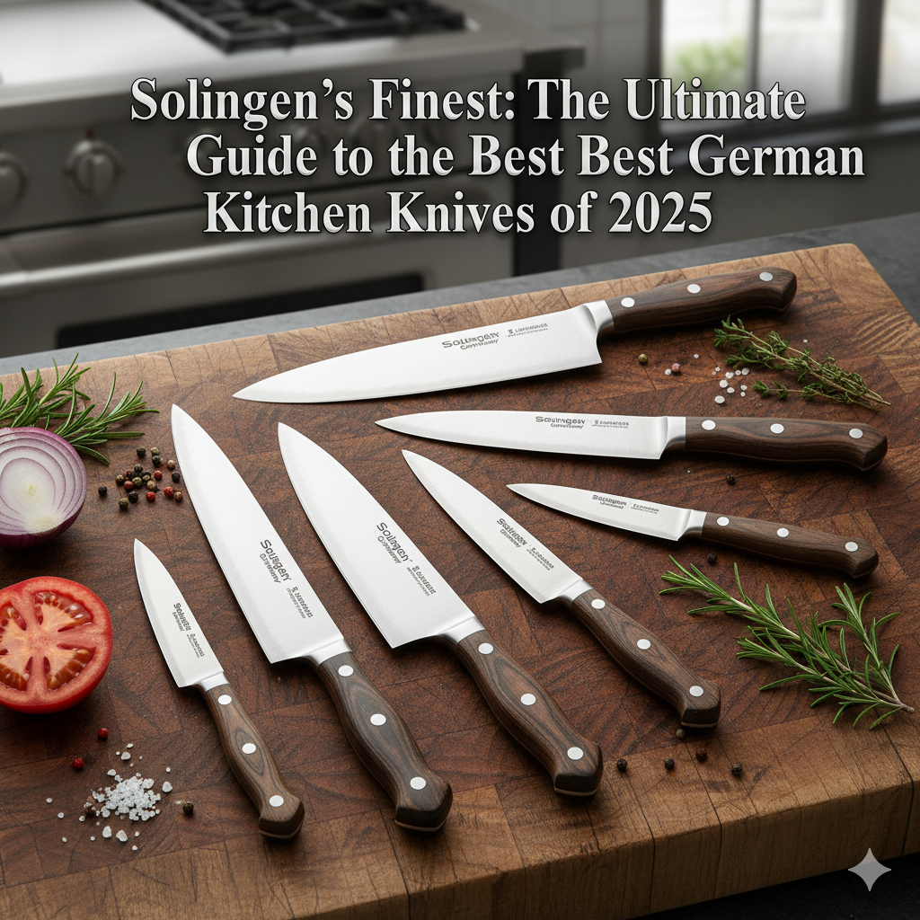 A classic German chef's knife resting on a rustic wooden cutting board.