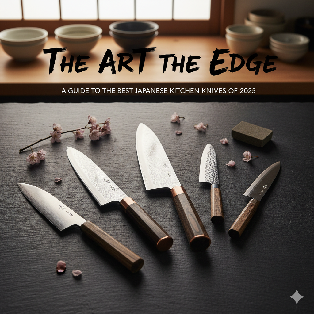 A stunning Japanese chef's knife with a Damascus pattern on its blade.