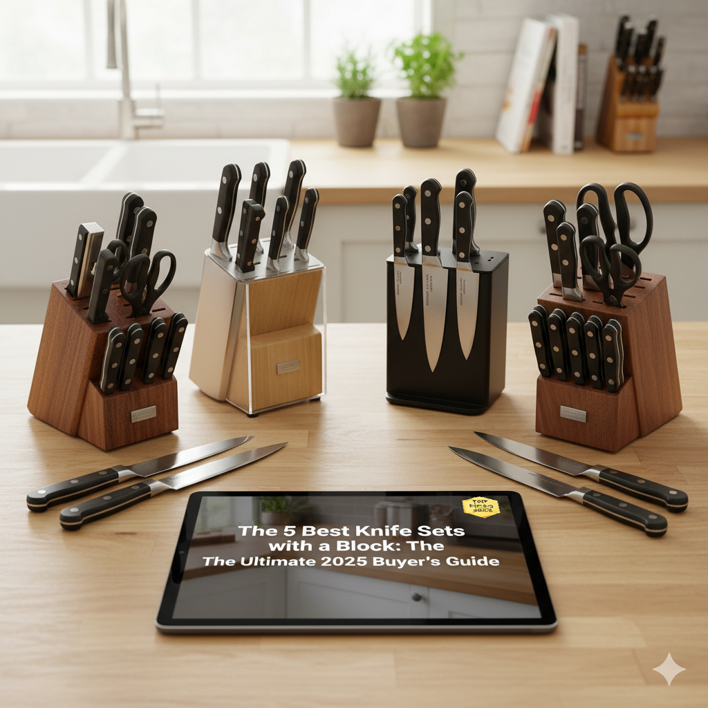 A beautiful wooden knife block set sitting on a clean kitchen counter, ready for use.