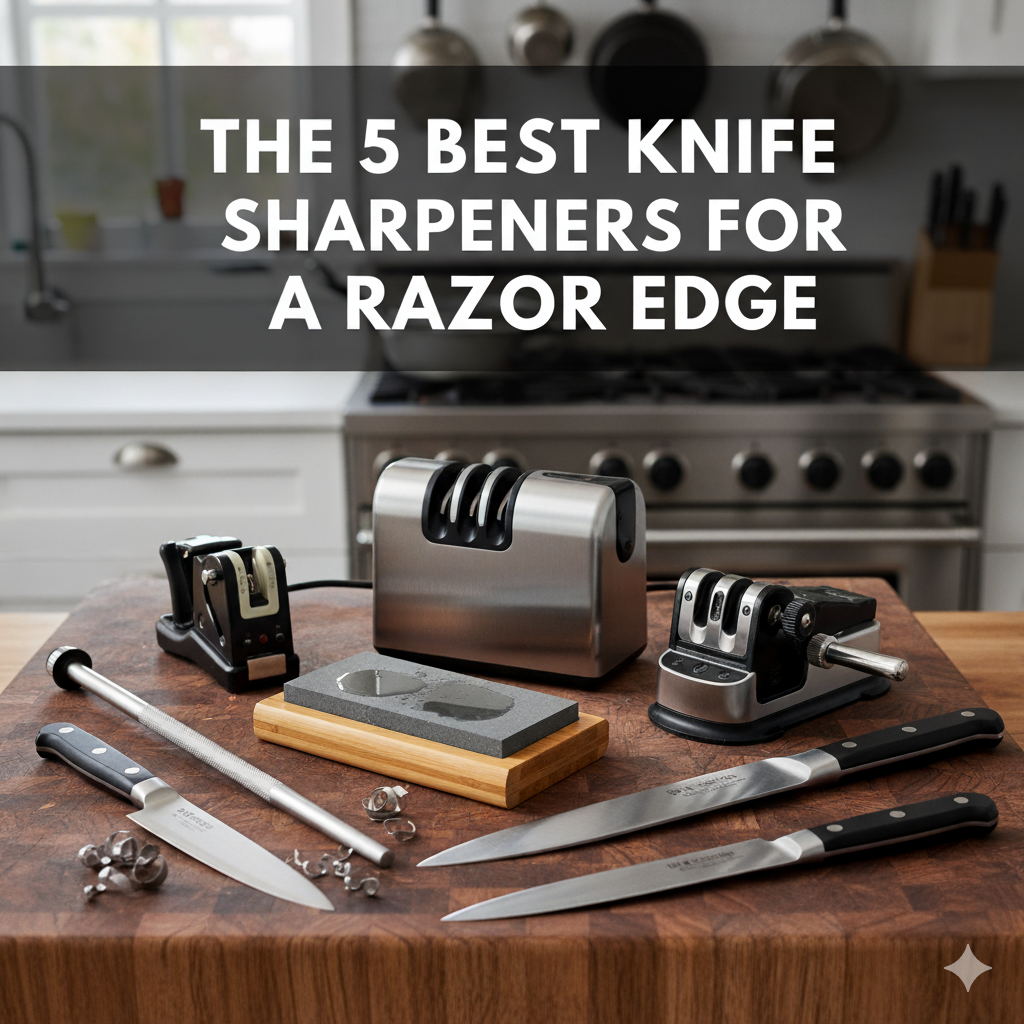 A chef carefully sharpening a high-quality chef's knife on a whetstone, creating a water spray.