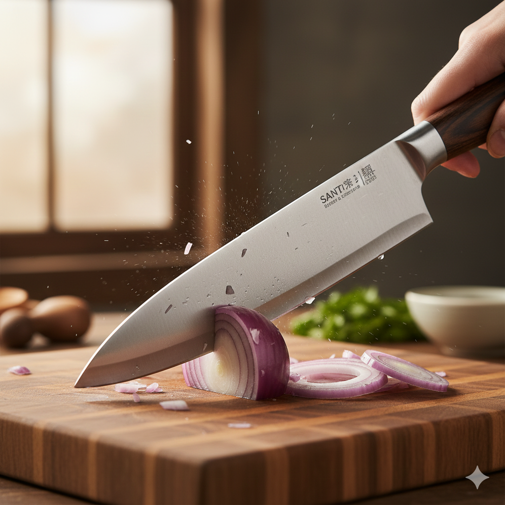 Close up of a Santoku knife blade chopping onions