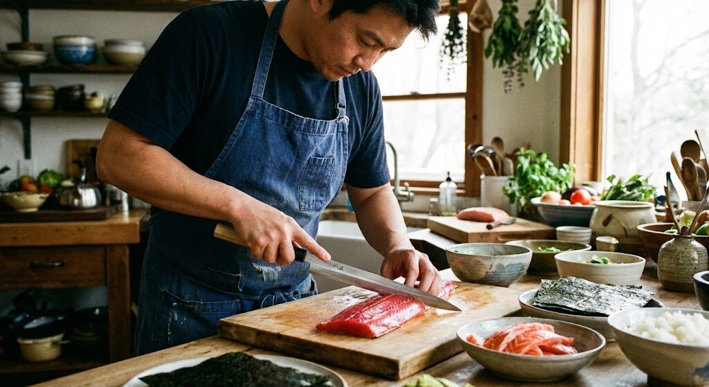 A chef meticulously slicing fresh salmon with a traditional Japanese sushi knife