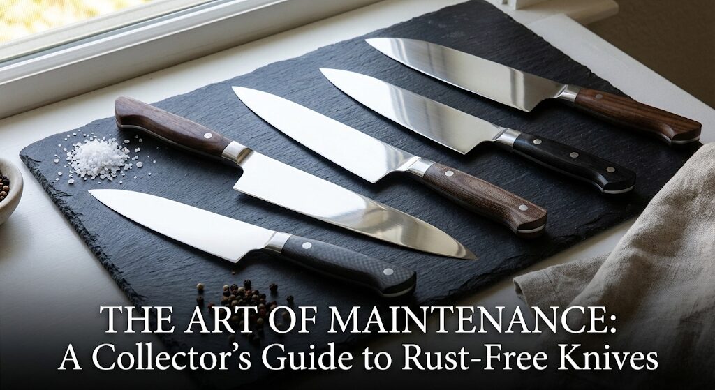 A collection of perfectly maintained, rust-free chef knives on a dark slate background