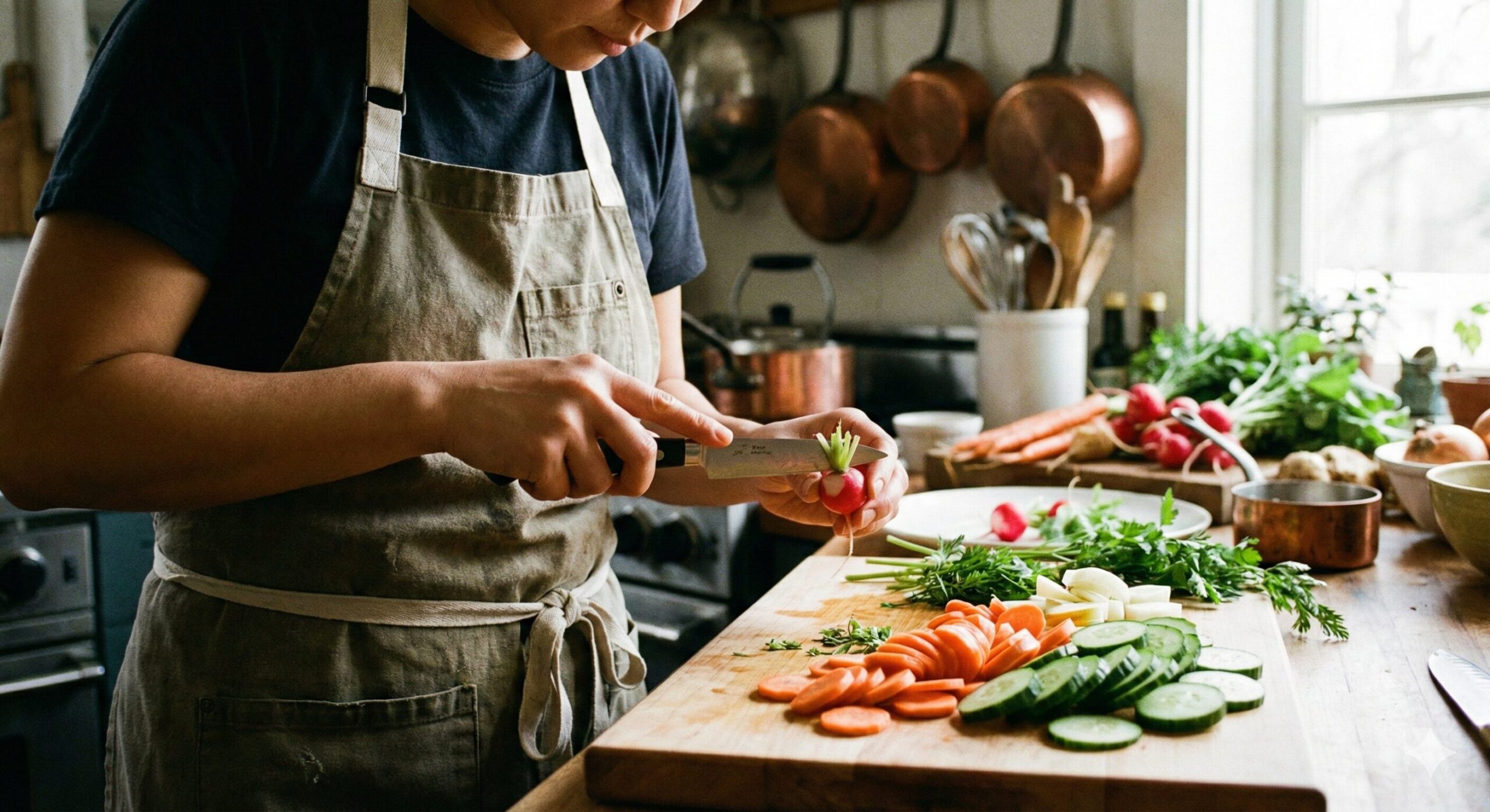 Chef using a utility knife for precision vegetable cutting
